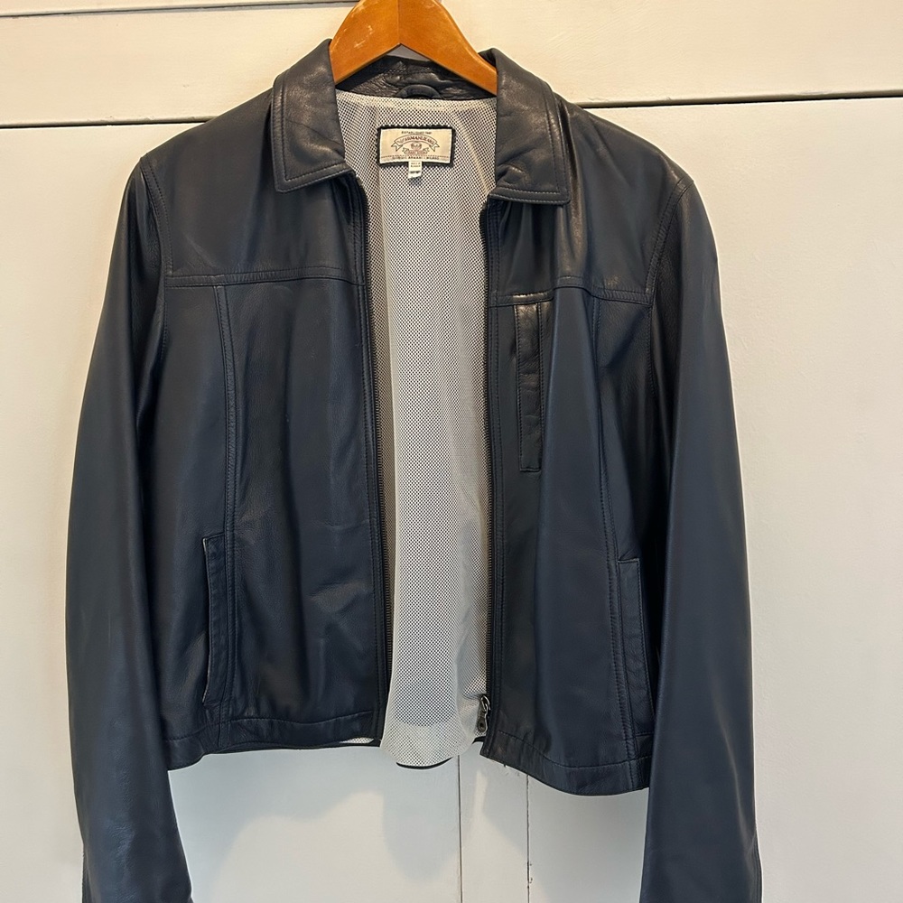 Armani Jeans leather jacket, dark navy. Size 10. Barely worn.
